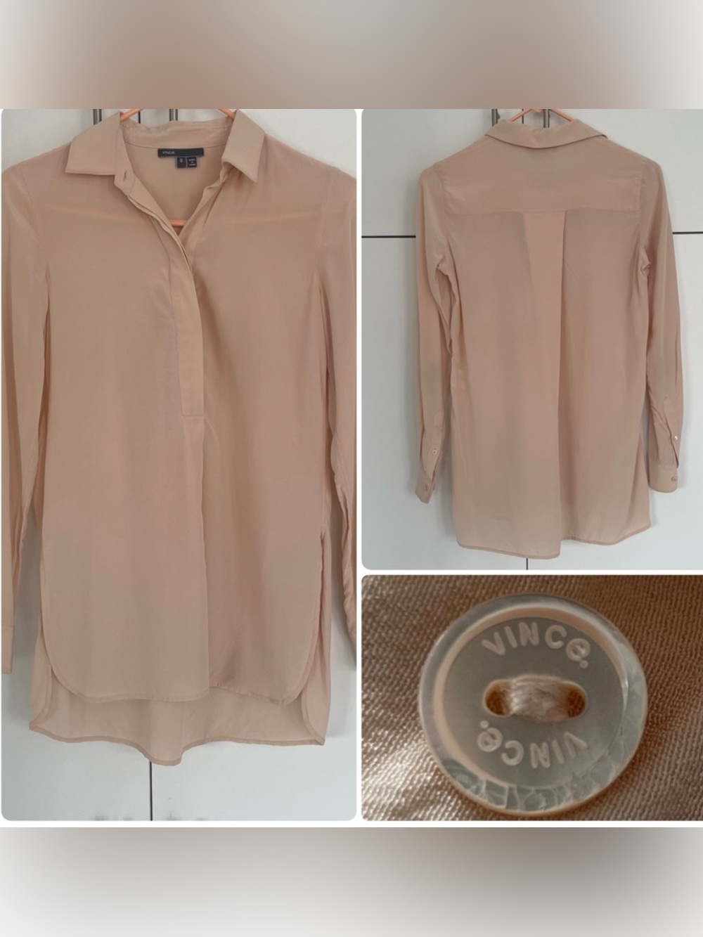 Vince Light Pink 100% Silk Sheer Long Sleeve High Low Button Blouse Size Small